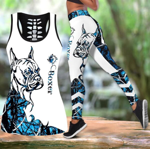 Boxer Blue Tattoos Hollow Tanktop Legging Set Outfit – Casual Workout Sets – Dog Lovers Gifts For Him Or Her