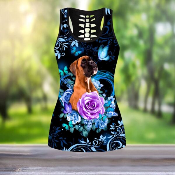 Boxer Butterfly With Rose And Butterfly Hollow Tanktop Legging Set Outfit – Casual Workout Sets – Dog Lovers Gifts For Him Or Her