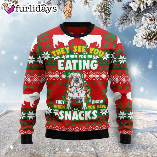 Bulldog They See You When You Eating Snacks Ugly Christmas Sweater – Dog Memorial Gift