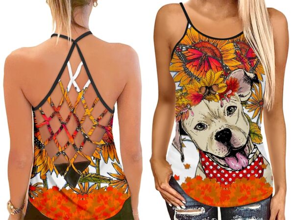 Bulldog With Sunflower And Butterflies Criss Cross Open Back Tank Top – Workout Shirts – Gift For Dog Lovers