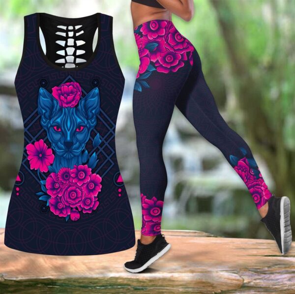 Cat & Flower Tattoos All Over Printed Women’s Tanktop Leggings Set –  Perfect Workout Outfits – Gifts For Cat Lovers