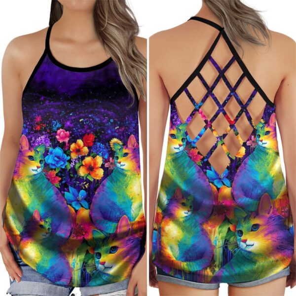 Cat Love Peaceful Summer Colorful Flowers Open Back Camisole Tank Top – Fitness Shirt For Women – Exercise Shirt
