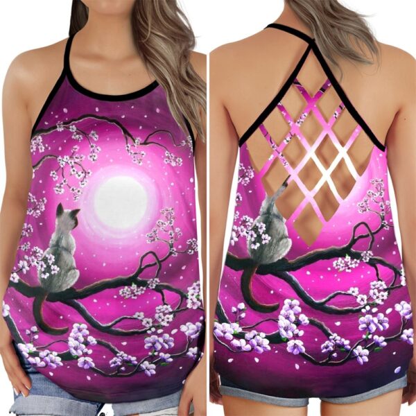 Cat Love Peaceful Summer In The Pink Night Open Back Camisole Tank Top – Fitness Shirt For Women – Exercise Shirt