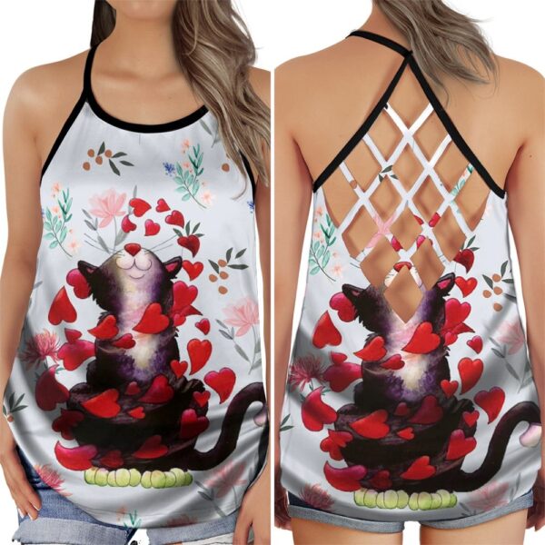Cat Love Peaceful Summer With Heart Open Back Camisole Tank Top – Fitness Shirt For Women – Exercise Shirt