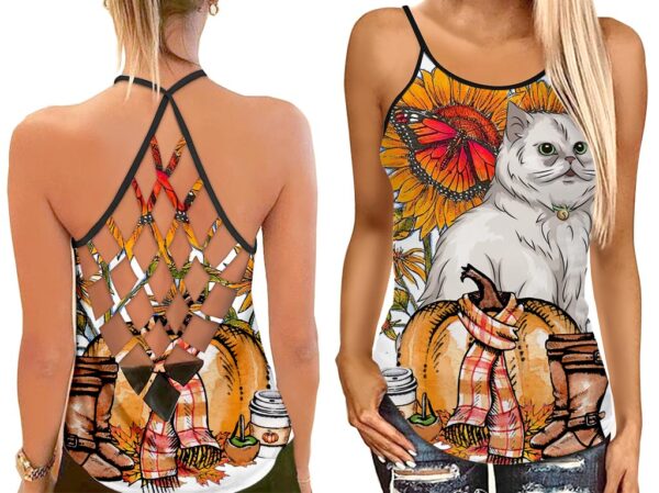 Cat Pumpkin Autumn Sunflower Halloween Open Back Camisole Tank Top – Fitness Shirt For Women – Exercise Shirt