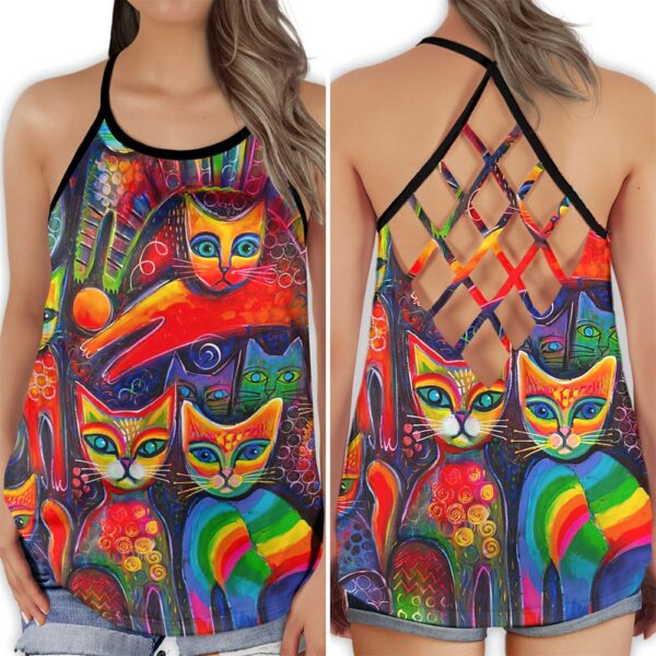 Cat Rainbow Colorfull Love It Open Back Camisole Tank Top – Fitness Shirt For Women – Exercise Shirt