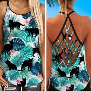 Cat Shadow Tropical Criss Cross Tank Top – Women Hollow Camisole – Gift For Cat Lover