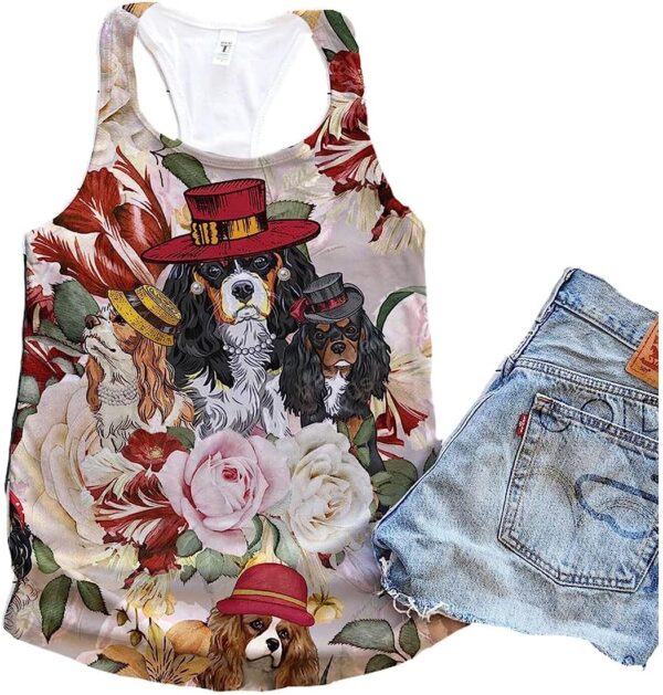 Cavalier King Charles Spaniel Dog Vintage Floral Tank Top – Summer Casual Tank Tops For Women – Gift For Young Adults