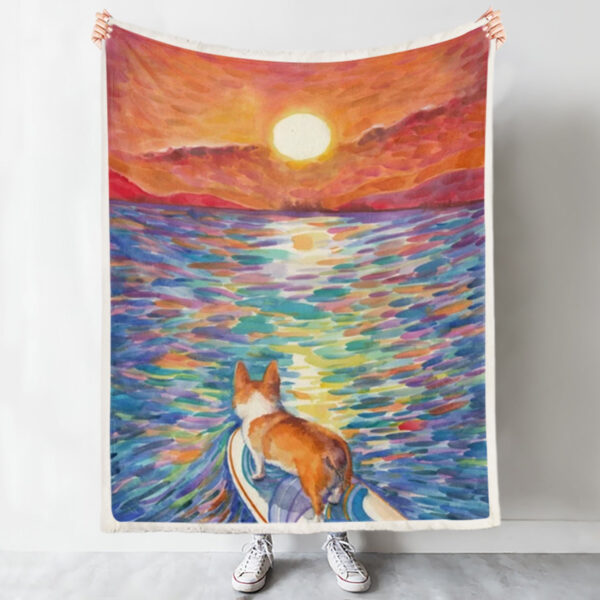 Dog Throw Blanket – Corgi – Sunset Surfer – Dog Painting Blanket – Dog Blankets – Dog Fleece Blanket – Furlidays