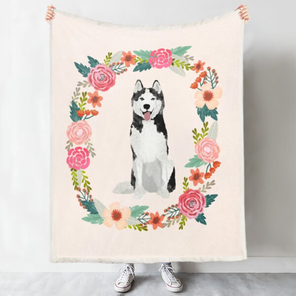 Dog Fleece Blanket – Husky Floral Wreath Spring – Dog Blanket For Couch – Dog Blankets – Furlidays