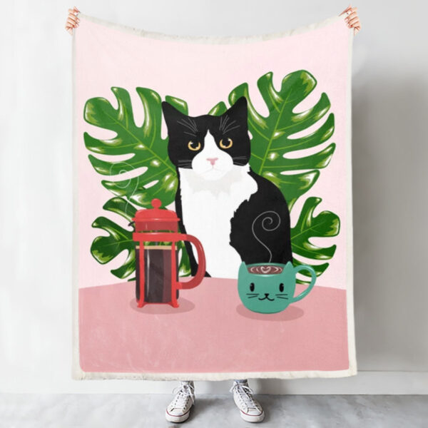 Cat Fleece Blanket – Tuxie Cat And Coffee – Cat Blanket For Sofa – Cats Blanket – Blanket With Cats On It – Furlidays