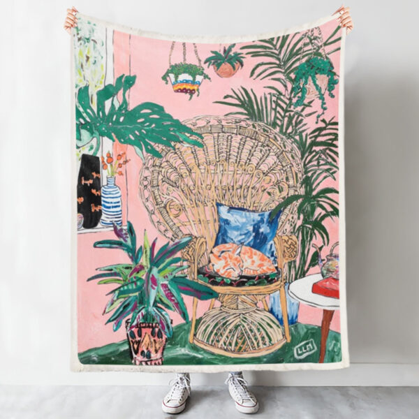 Blanket With Cats On It – Cats Blanket – Ginger Cat In Peacock Chair With Indoor Jungle Of House Plants – Cat Fleece Blanket – Furlidays