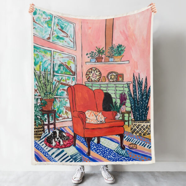 Cat Fleece Blanket – Red Armchair In Pink Interior With Houseplants – Ginger Cat – Blanket With Cats On It – Cat In Blanket – Furlidays