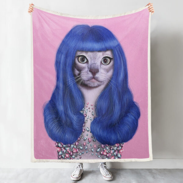Cat Fleece Blanket – Cat Blanket For Sofa – Cats Blanket – Cat With Blue Hair – Blanket With Cats On It – Furlidays