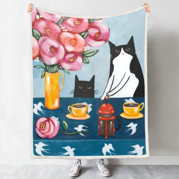 Cat Throw Blanket – Cats And French Press Coffee – Cat Blankets – Cat Fleece Blanket – Furlidays