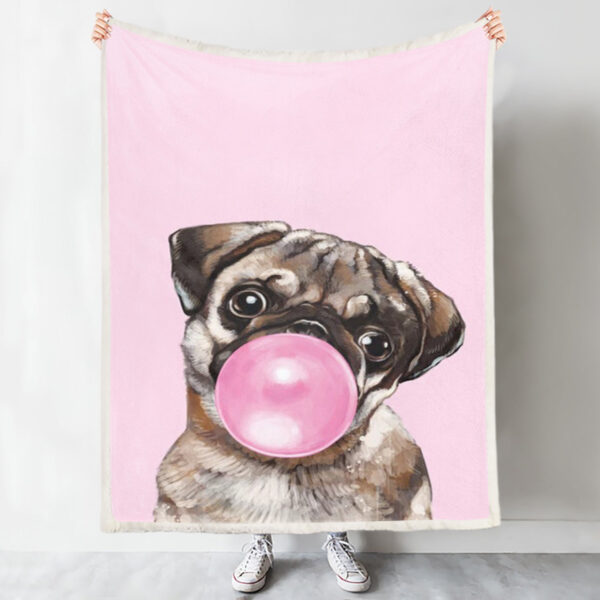 Blanket With Dogs On It – Pug Blowing Bubble Gum In Pink – Dog Throw Blanket – Dog Blankets For Sofa – Furlidays