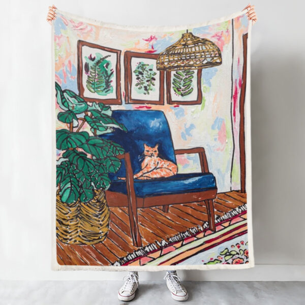 Cat Throw Blanket – Ginger Cat On Blue Mid Century Chair – Cat In Blanket – Cat In Blanket – Furlidays