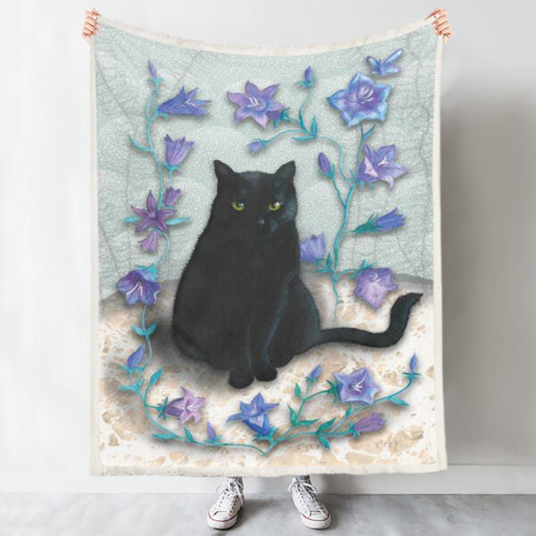 Cat Fleece Blanket – Black Cat With Bellflowers – Cat Blanket For Couch – Cat In Blanket – Blanket With Cats On It – Furlidays