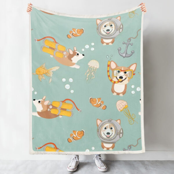 Dog Fleece Blanket – Happy Diving Corgis – Blanket With Dogs Face – Dog Blankets – Dog Throw Blanket – Furlidays