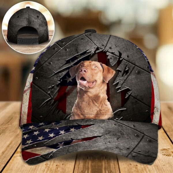 Chesapeake Bay Retriever On The American Flag Cap Custom Photo – Hats For Walking With Pets – Gifts Dog Caps For Friends