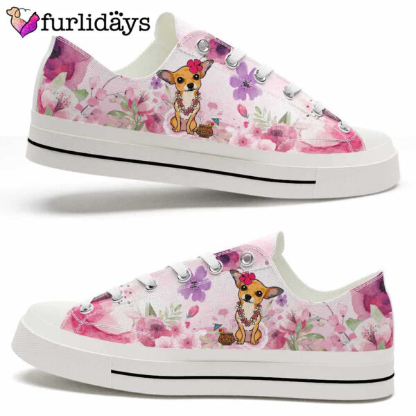 Chihuahua Wear Flowers Pink Low Top Shoes  – Happy International Dog Day Canvas Sneaker – Owners Gift Dog Breeders