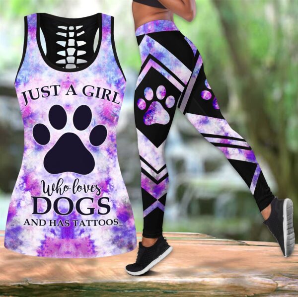 Colorful Girl Loves Dogs Tattoos Hollow Tanktop Legging Set Outfit – Casual Workout Sets – Dog Lovers Gifts For Him Or Her