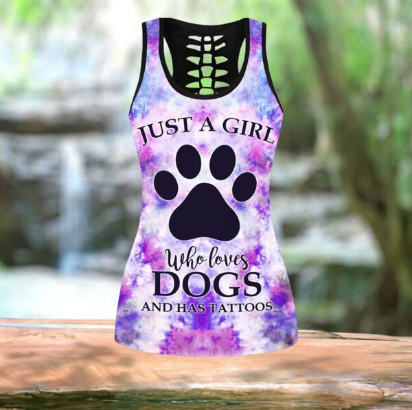Colorful Girl Loves Dogs Tattoos Hollow Tanktop Legging Set Outfit – Casual Workout Sets – Dog Lovers Gifts For Him Or Her