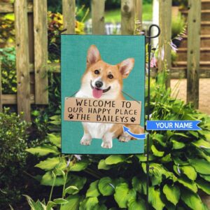 Corgi Welcome To Our Happy Place Personalized Flag Custom Dog Garden Flags Dog Flags Outdoor 1