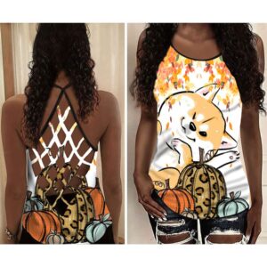 Corgi Pumpkin Cartoon Criss Cross Open Back Tank Top Workout Shirts Gift For Dog Lovers 2 klkyci