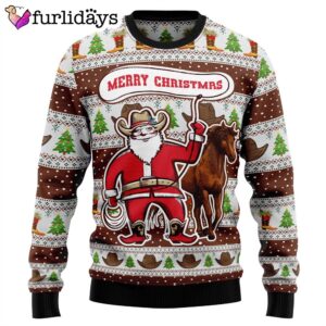 Cowboy Santa Claus Ugly Christmas Sweater…