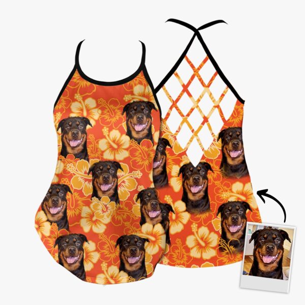 Custom Flowers Pattern Neon Orange Criss Cross Tank Top – Women Hollow Camisole – Gift For Dog Lover