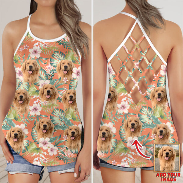Custom Leaves & Flowers Pattern Criss Cross  Open Back Tank Top – Women Hollow Camisole – Gift For Dog Lover