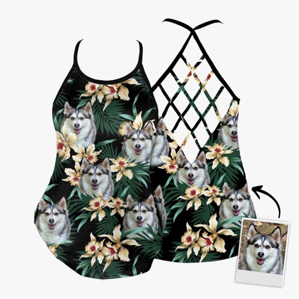 Custom Leaves & Flowers Pattern Dark Green Criss Cross Tank Top – Women Hollow Camisole – Gift For Dog Lover