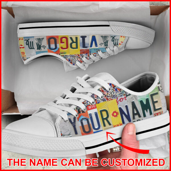 Custom Name Virgo License Plates Low Top Shoes – Virgo Zodiac Sign Horoscope Shoes – Lowtop Casual Shoes Gift For Adults