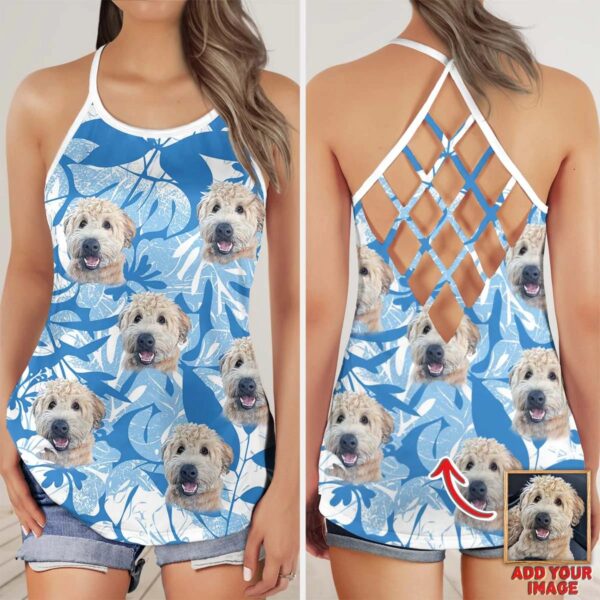 Custom Photo Dog Flowers Pattern Criss Cross Tank Top – Women Hollow Camisole – Gift For Dog Lover