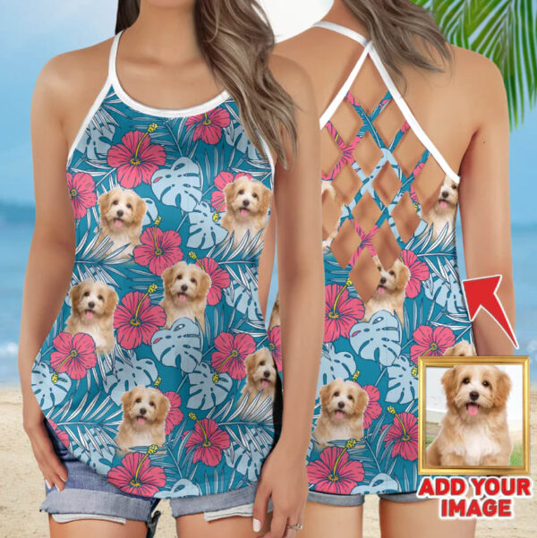 Custom Photo Dog Red & Blue Criss Cross Open Back Tank Top – Women Hollow Camisole – Gift For Dog Lover