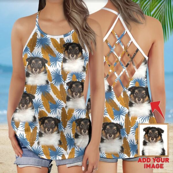Custom Photo Flowers Pattern Criss Cross Tank Top – Women Hollow Camisole – Gift For Dog Lover