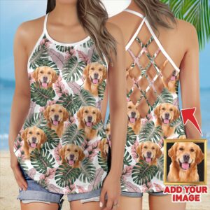 Custom Pink Green Leave Criss Cross Open Back Tank Top Women Hollow Camisole Gift For Dog Lover 1 zsfncl