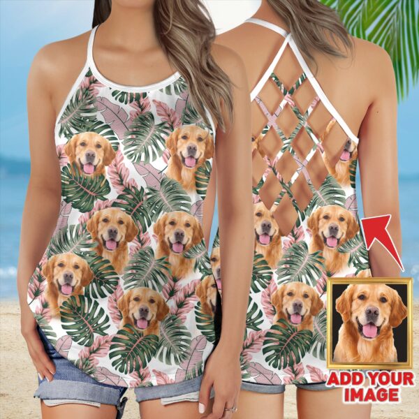 Custom Pink & Green Leave Criss Cross Open Back Tank Top – Women Hollow Camisole – Gift For Dog Lover