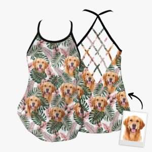Custom Pink Green Leave Criss Cross Open Back Tank Top Women Hollow Camisole Gift For Dog Lover 2 a6gntu