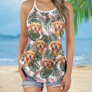 Custom Pink Green Leave Criss Cross Open Back Tank Top Women Hollow Camisole Gift For Dog Lover 3 klg5wu