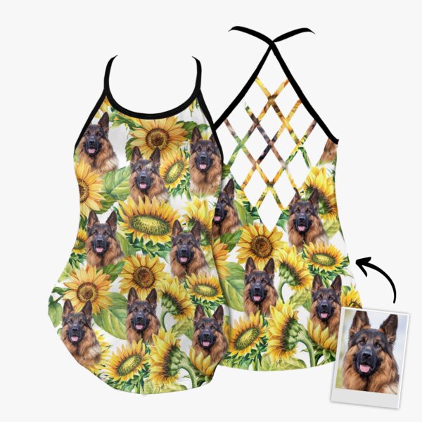 Custom Sunflower Criss Cross Open Back Tank Top – Women Hollow Camisole – Gift For Dog Lover