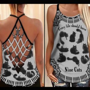 Cute Black Cat Every Life Should Have Nine Cats Criss Cross Tank Top – Women Hollow Camisole – Gift For Cat Lover
