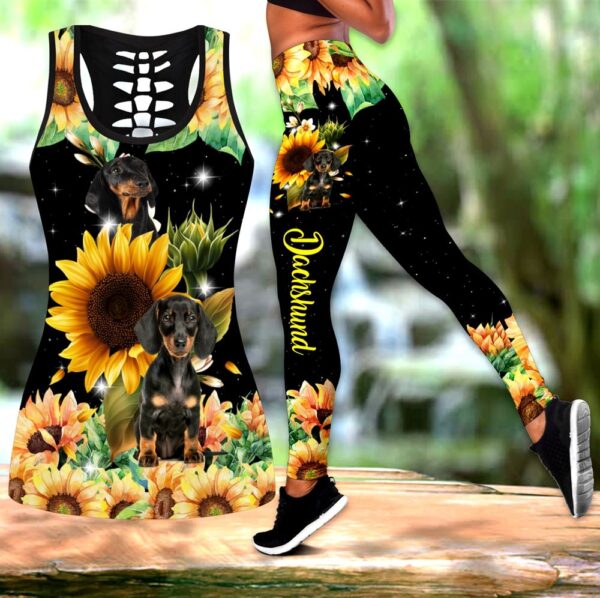 Dachshund Black Sunflower Hollow Tanktop Legging Set Outfit – Casual Workout Sets – Dog Lovers Gifts For Him Or Her