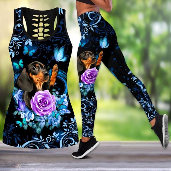 Dachshund Butterfly With Rose Hollow Tanktop Legging Set Outfit – Casual Workout Sets – Dog Lovers Gifts For Him Or Her
