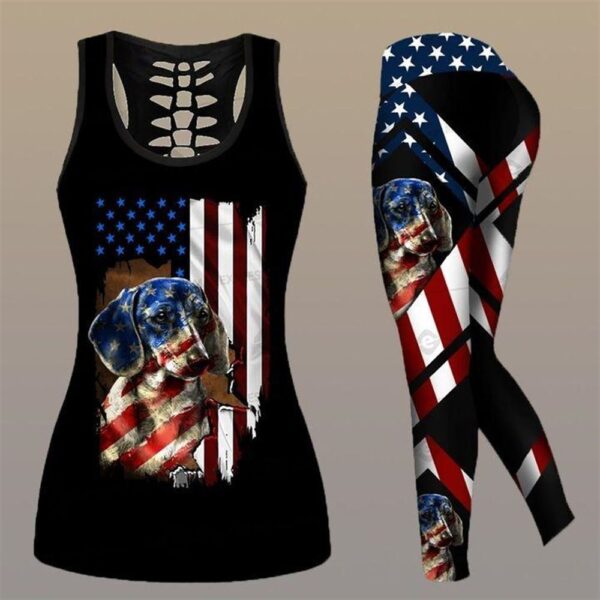 Dachshund Dog American Flag Hollow Tanktop Legging Set Outfit – Casual Workout Sets – Dog Lovers Gifts For Him Or Her