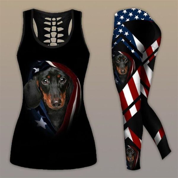 Dachshund Dog With American Flag Hollow Tanktop Legging Set Outfit – Casual Workout Sets – Dog Lovers Gifts For Him Or Her