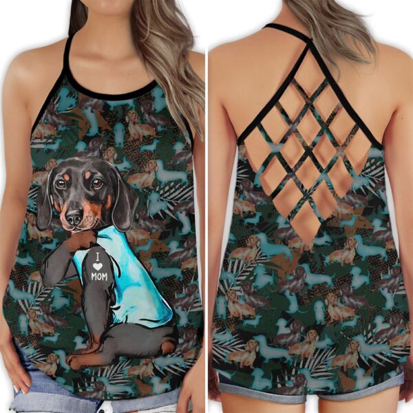 Dachshund Love Summer I Love Mom Criss Cross Open Back Tank Top – Workout Shirts – Gift For Dog Lovers
