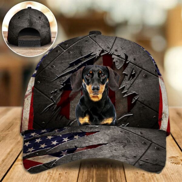 Dachshund On The American Flag On The American Flag On The American Flag Cap Custom Photo – Hat For Going Out With Pets – Gifts Dog Caps For Friends