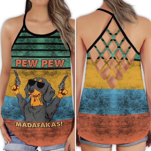 Dachshund Pew Pew Criss Cross Open Back Tank Top – Workout Shirts – Gift For Dog Lovers